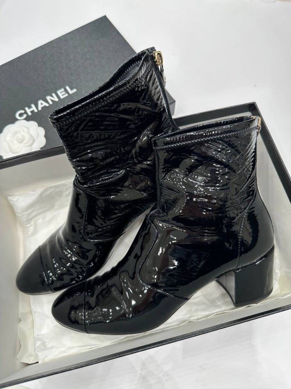 Chanel Cruise 2022 Black Patent Leather Ankle Boots Size 41